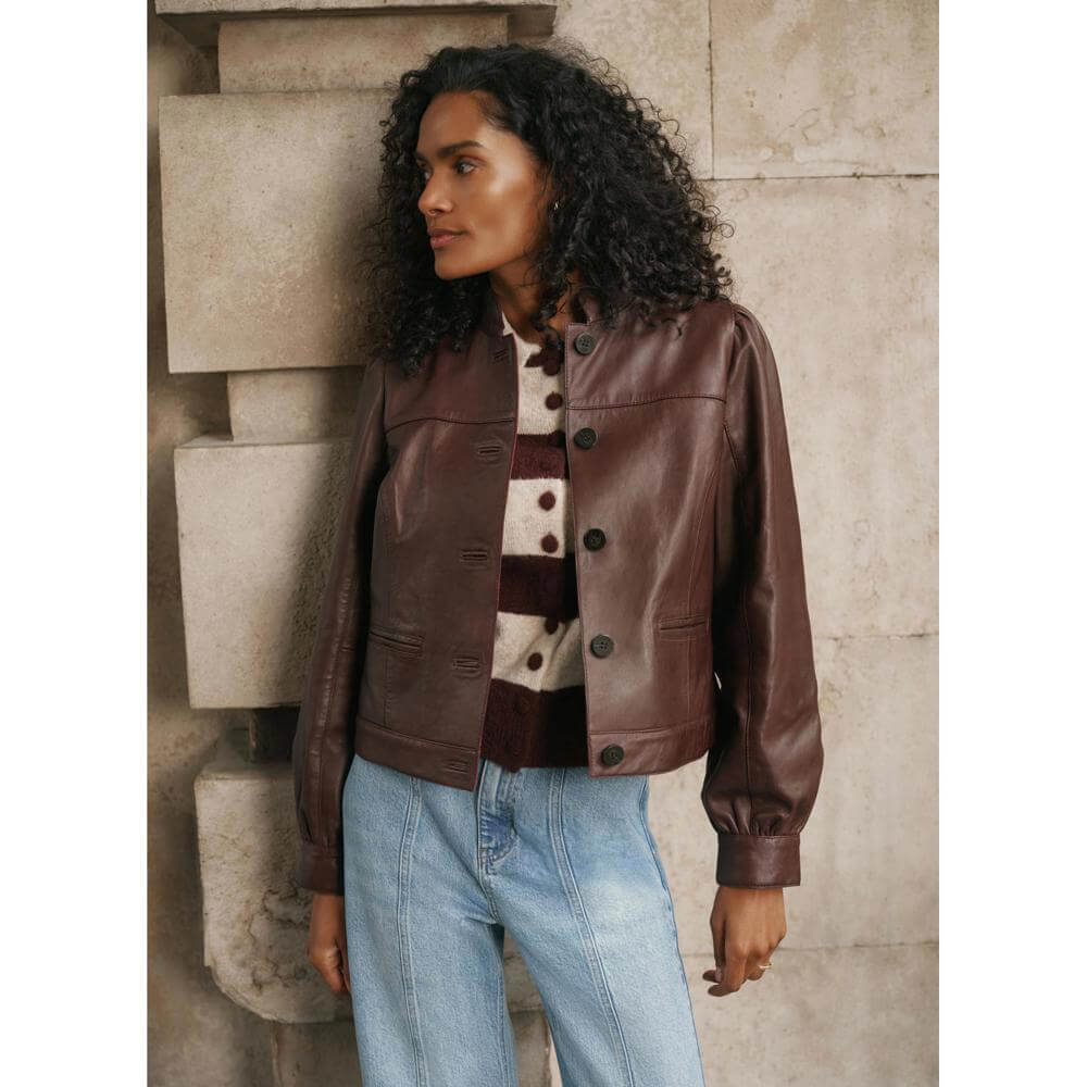 Mint Velvet Burgundy Leather Puff Sleeve Jacket